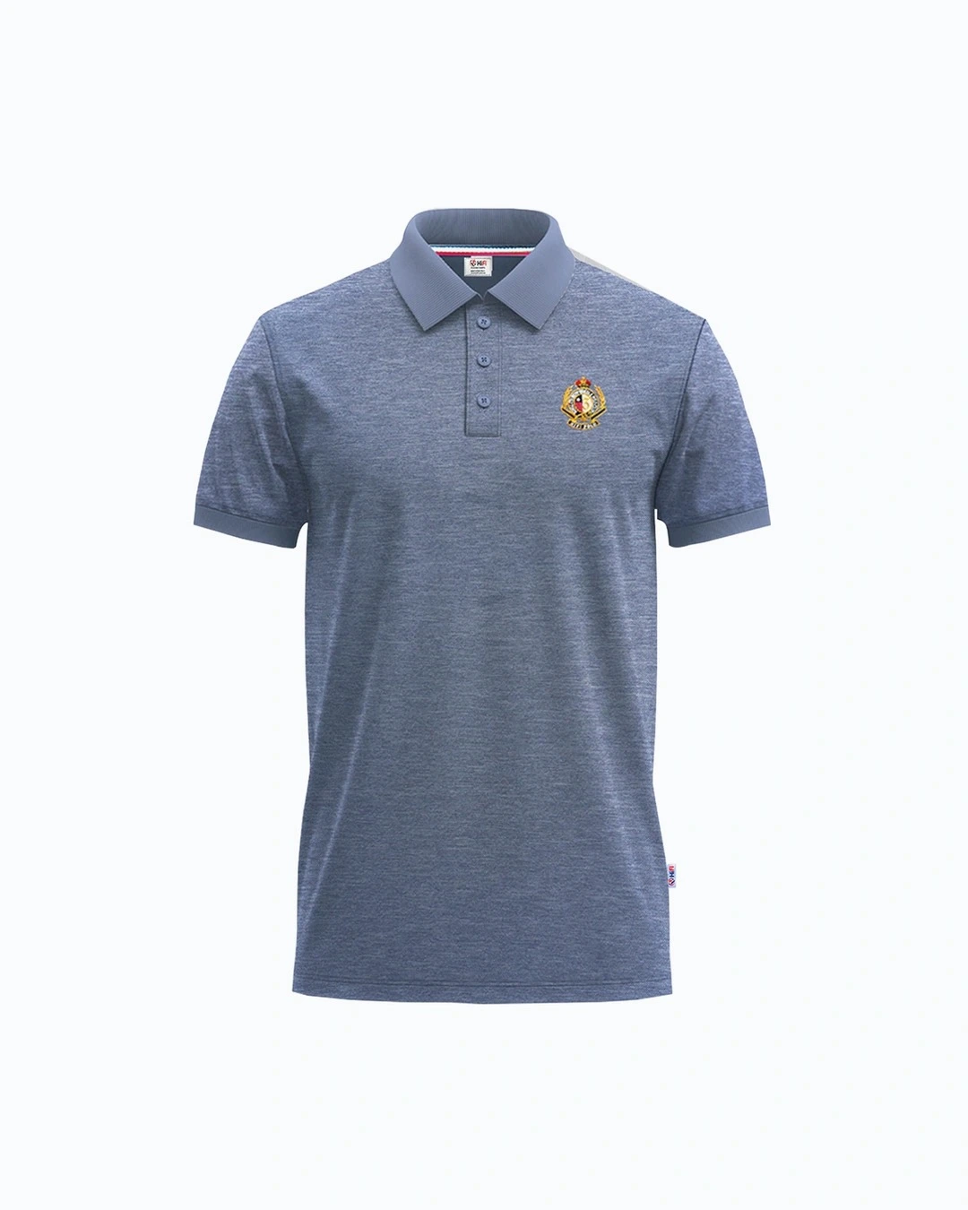 Heather Blue Polo Shirt with Badge Mockup Heather Blue Polo Shirt with Badge Mockup